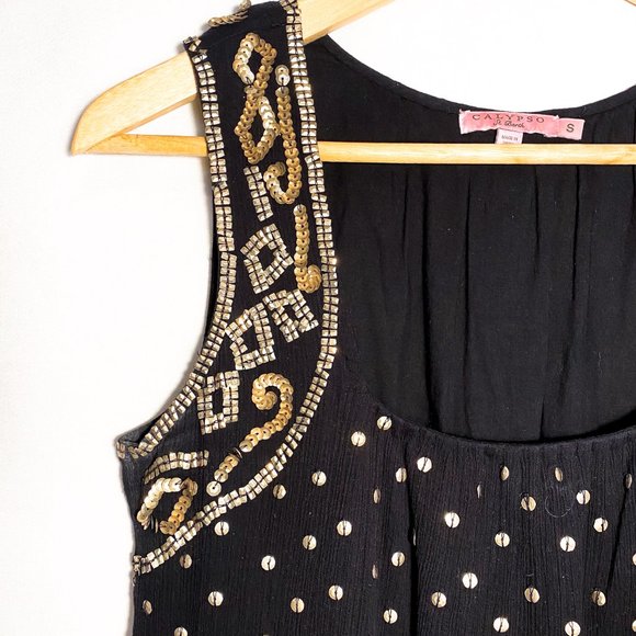 Calypso Black Cotton Crinkle Dress with Gold Sequins - Picture 5 of 9